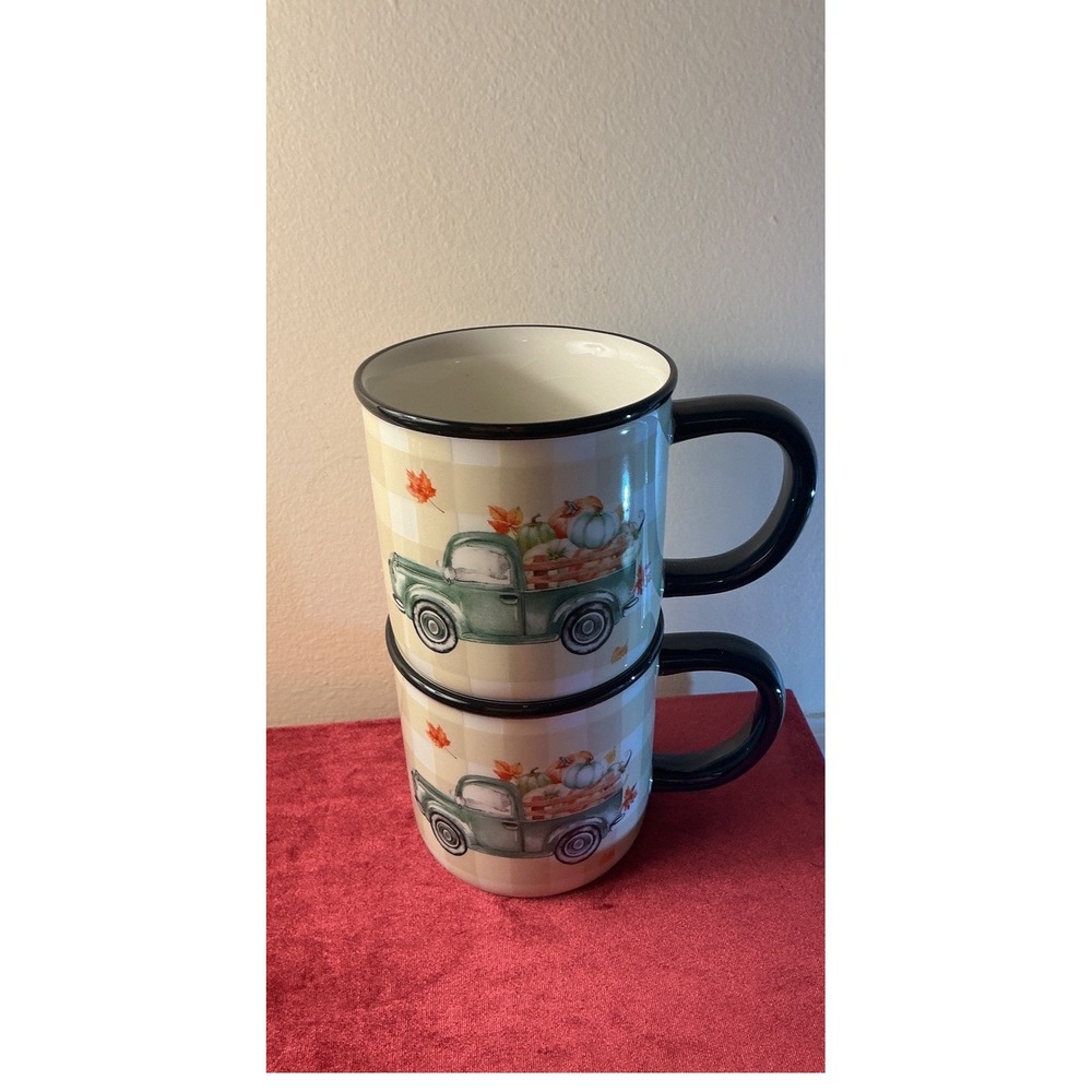Robert Stanley Fall Coffee Mug Set 2 Vintage Green Truck Pumpkin Buffalo Check